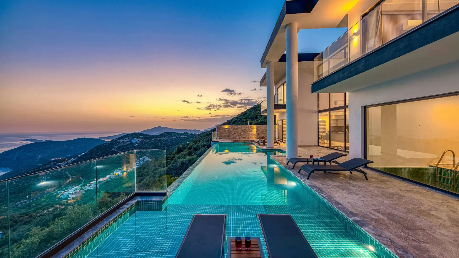 Twilight property photograph of a villa with an infinity pool on the Costa del Sol