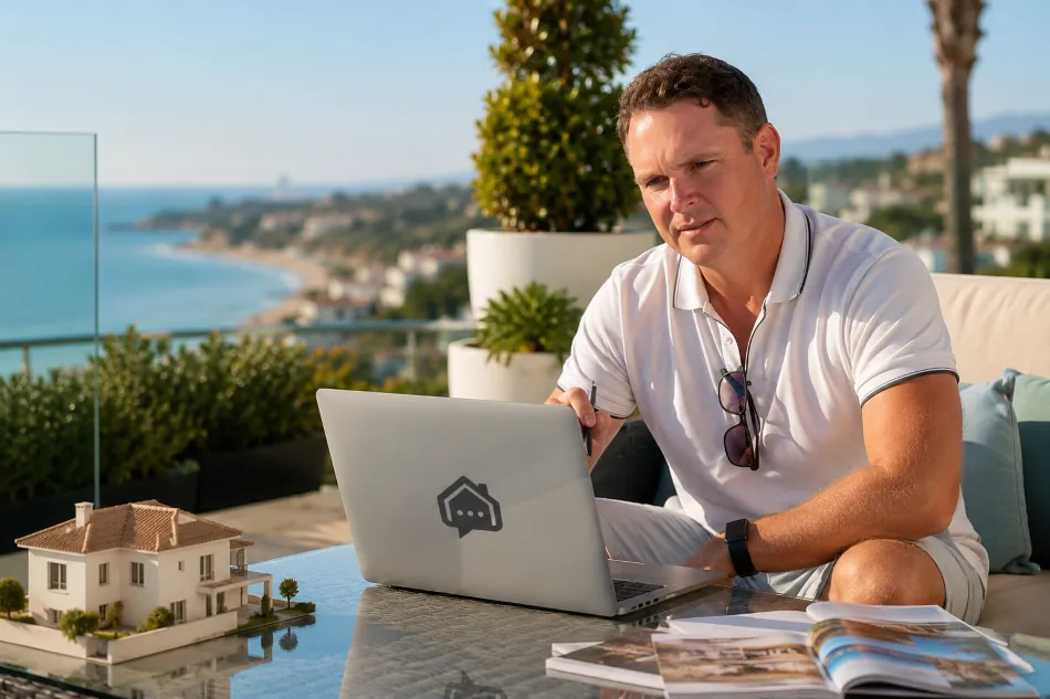 Geoff Mander working on a terrace overlooking the Mediterranean coastline