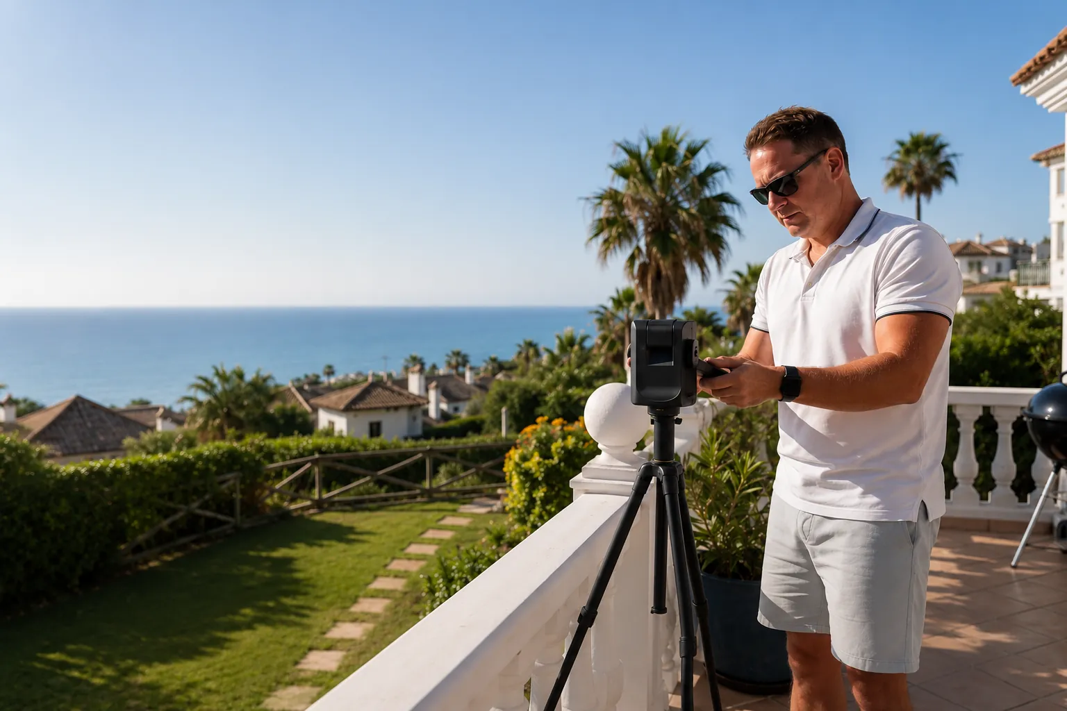Geoff Mander photographing a Costa del Sol property from a terrace with sea views