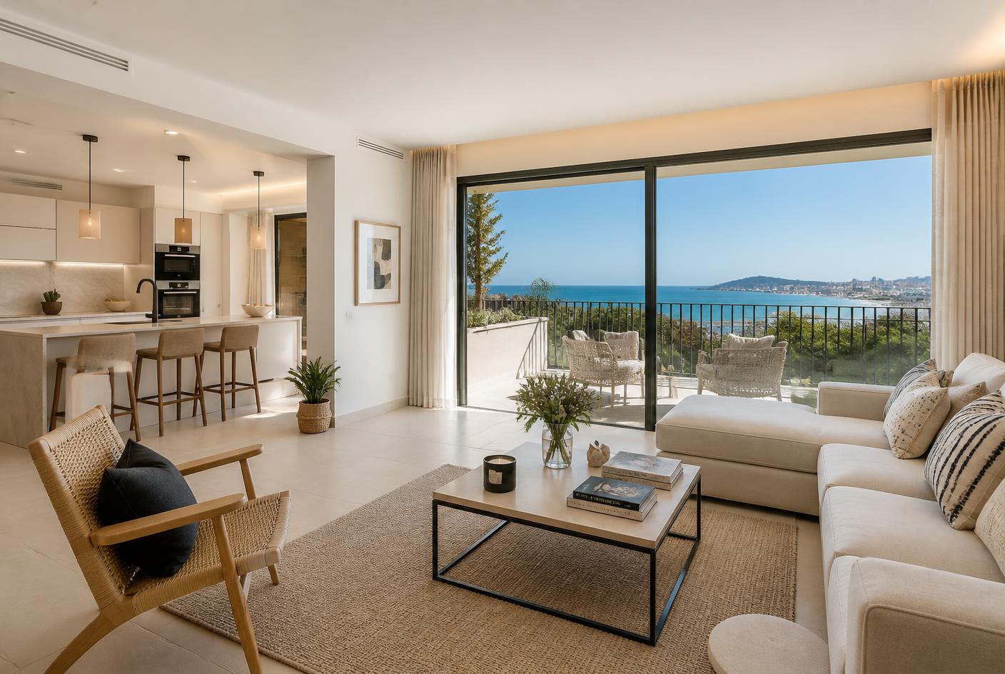 Open-plan Costa del Sol apartment interior with terrace doors and Mediterranean sea view