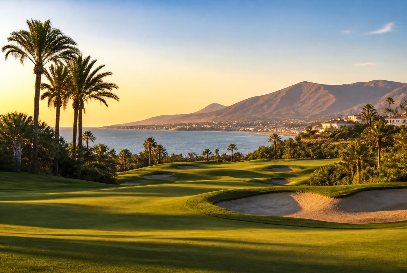Costa del Sol golf course at golden hour with the Mediterranean coastline behind