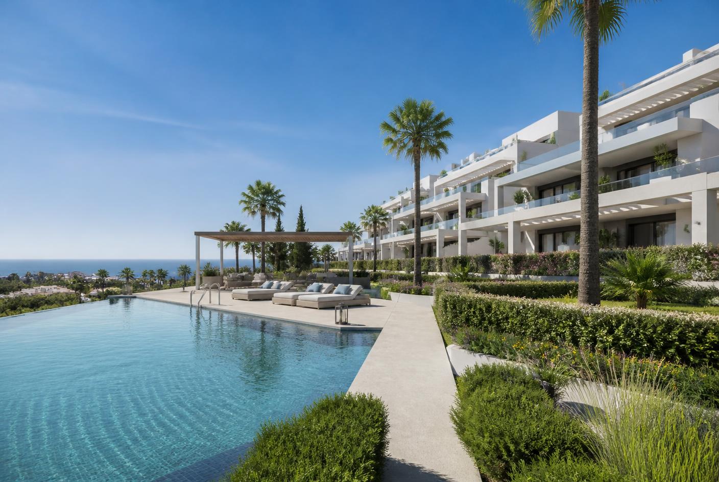 Contemporary new-build development on the Costa del Sol with communal pool and landscaped gardens