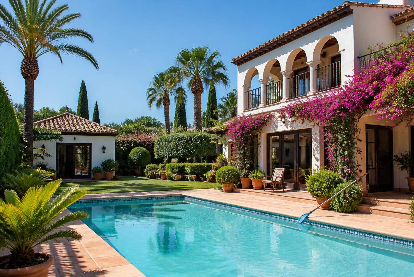 Well-maintained Spanish villa with pool, bougainvillea and manicured garden